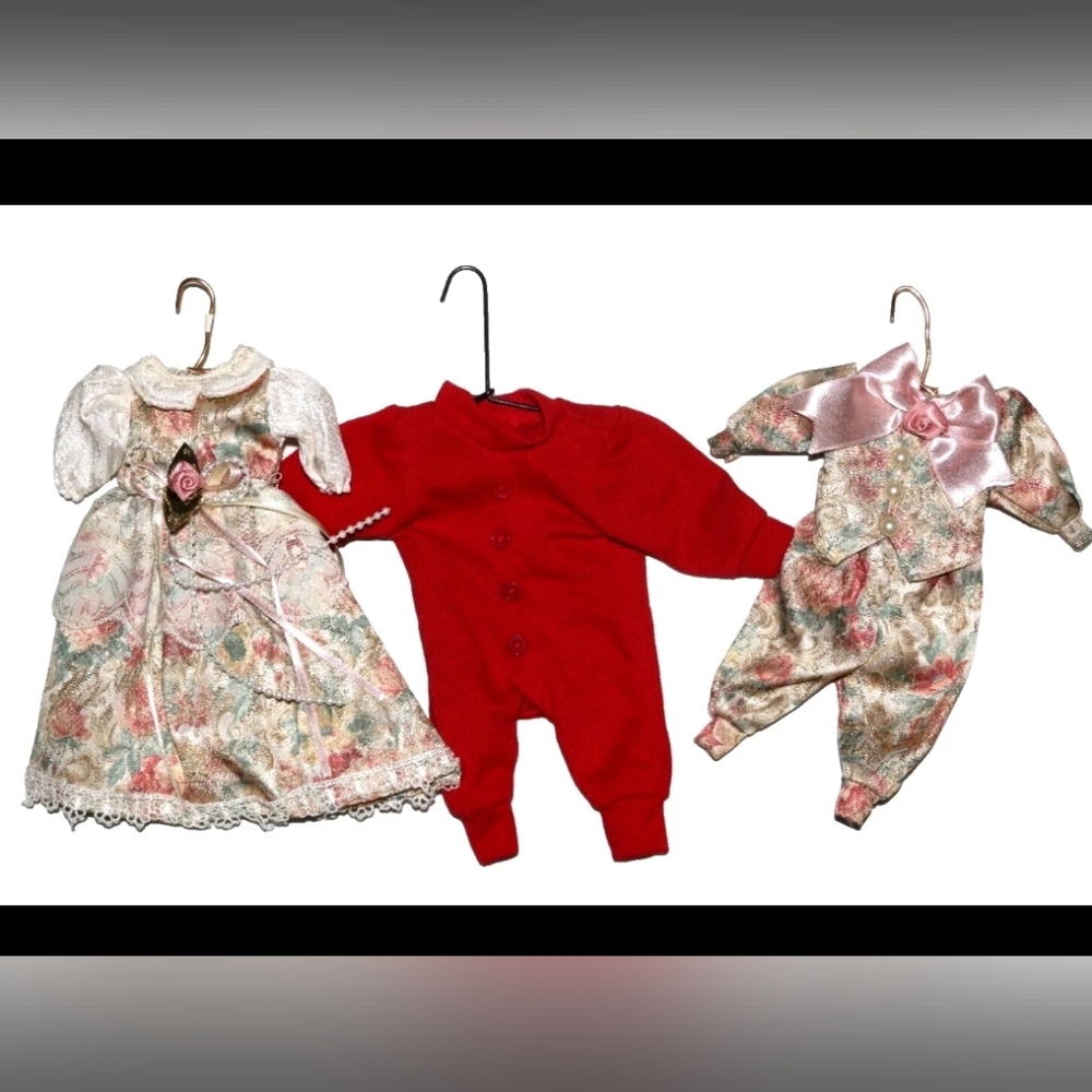 Vintage Victorian doll dress, red romper longjohns, outfit lot - QTY 3